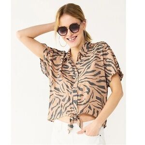 NWOT Nine West Zebra Print Tie front Short Sleeve Button Down Linen Shirt